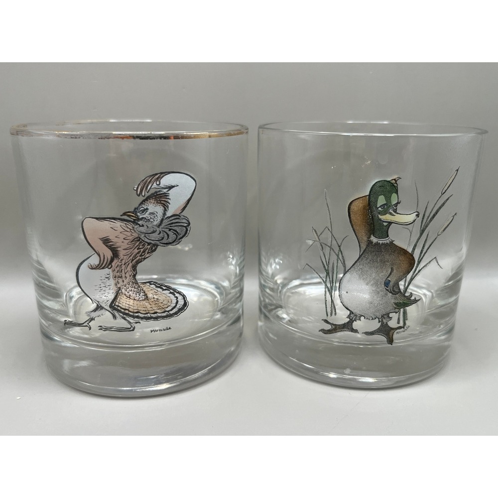 Vtg 1950s Federal Glass Cartoon Bird Glasses Pair MCM Barware Knox Oil Co 10 oz